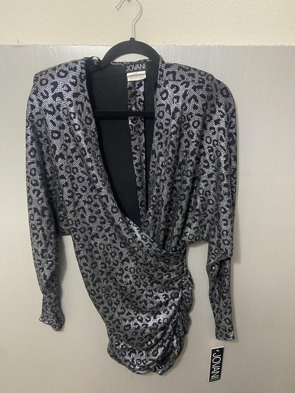 Jovani Dress Womens 4 Silver Black Leopard Metallic Ruched Wrap Bodycon Short